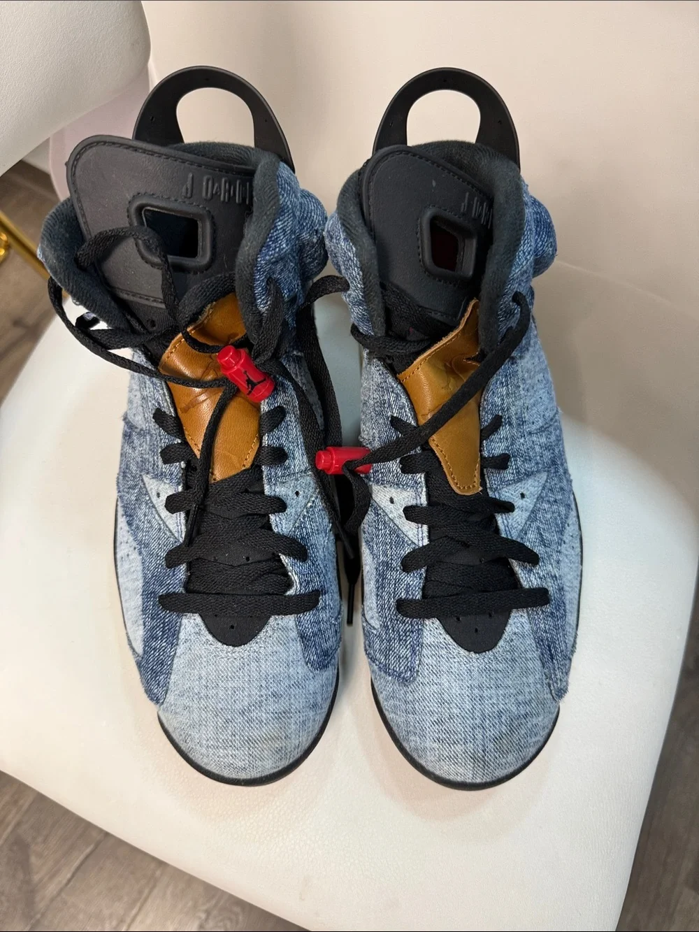 Nike High-Top Denim-Look Sneakers in Blue, Black & Tan with Red Lace Locks